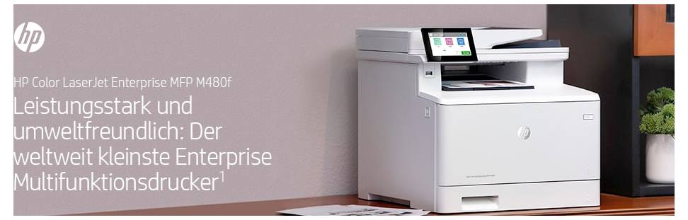 HP Color LaserJet Enterprise MFP M480f wielofunkcyjna drukarka pokazana z niemieckim tekstem promującym jej kompaktowy rozmiar i ekologiczną wydajność.