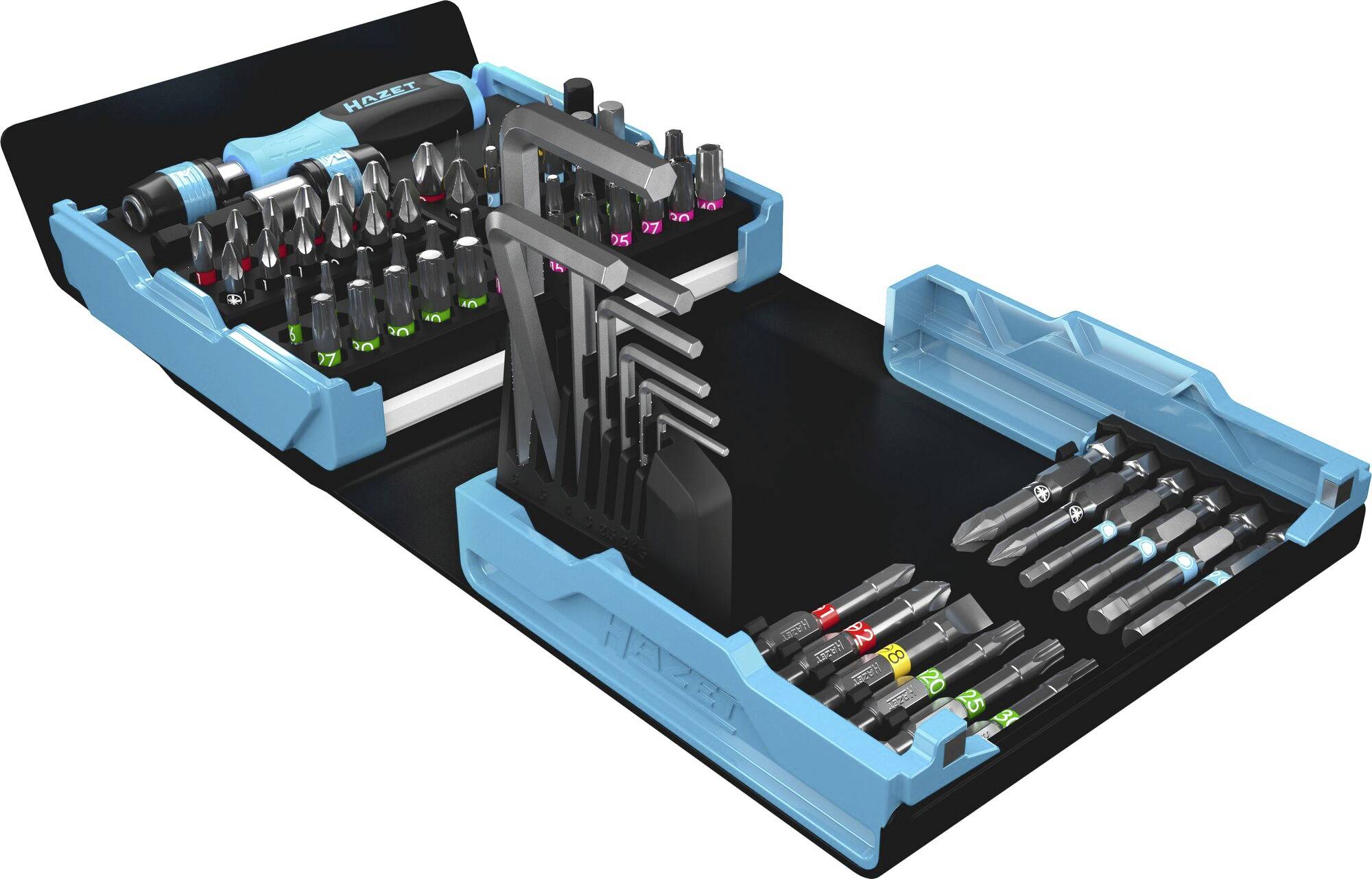 Otwarty walizka narzędziowa z różnymi grotami wkrętakowymi i kluczami imbusowymi, ułożonymi w niebieskich uchwytach.