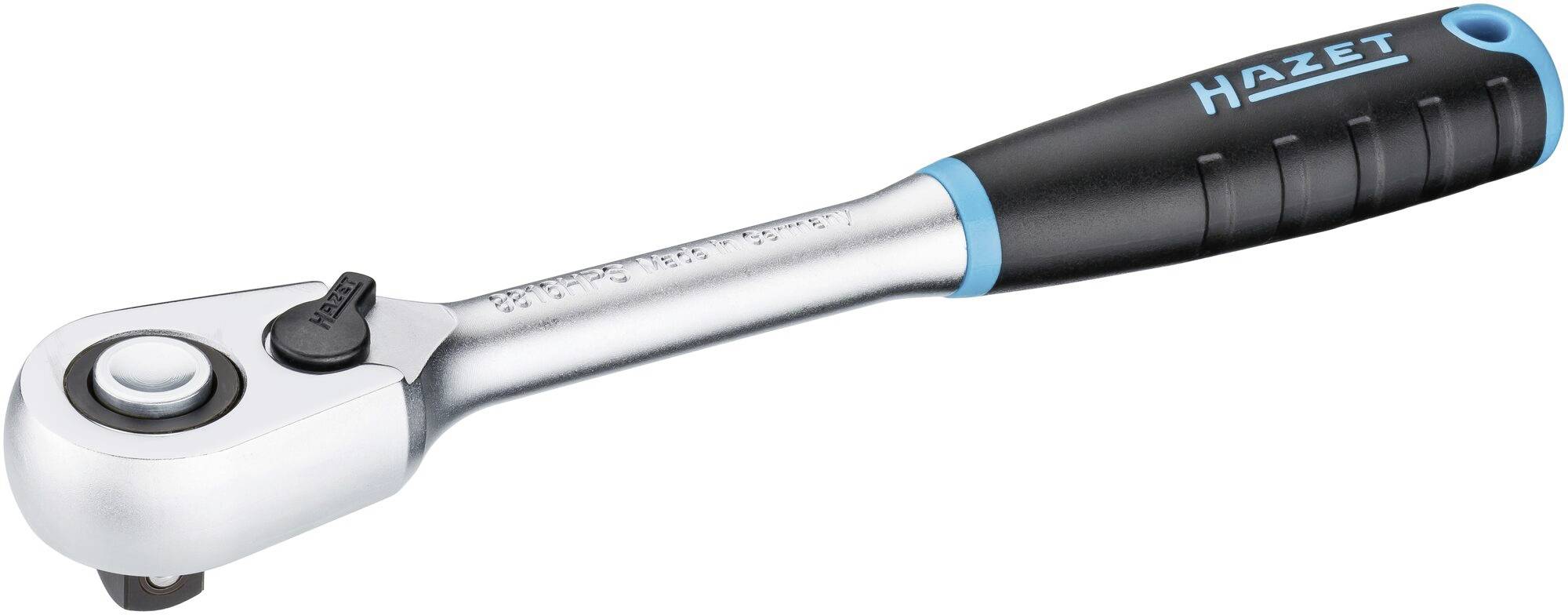 Przedstawiono srebrną grzechotkę z czarnym, antypoślizgowym uchwytem i niebieskimi akcentami, marki 'Hazet'.