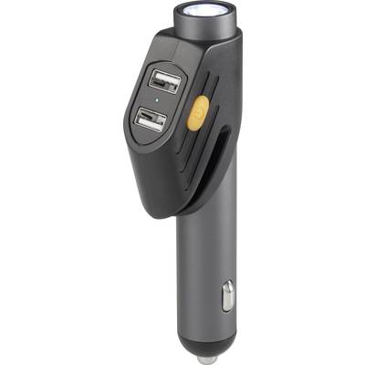 Ładowarka samochodowa z dwoma portami USB i wbudowaną latarką LED. Czarna obudowa z żółtym przyciskiem włączania.