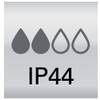 Symbol IP44 z czterema stylizowanymi kroplami. Wskazuje, że urządzenie jest zabezpieczone przed ciałami obcymi i rozbryzgami wody.