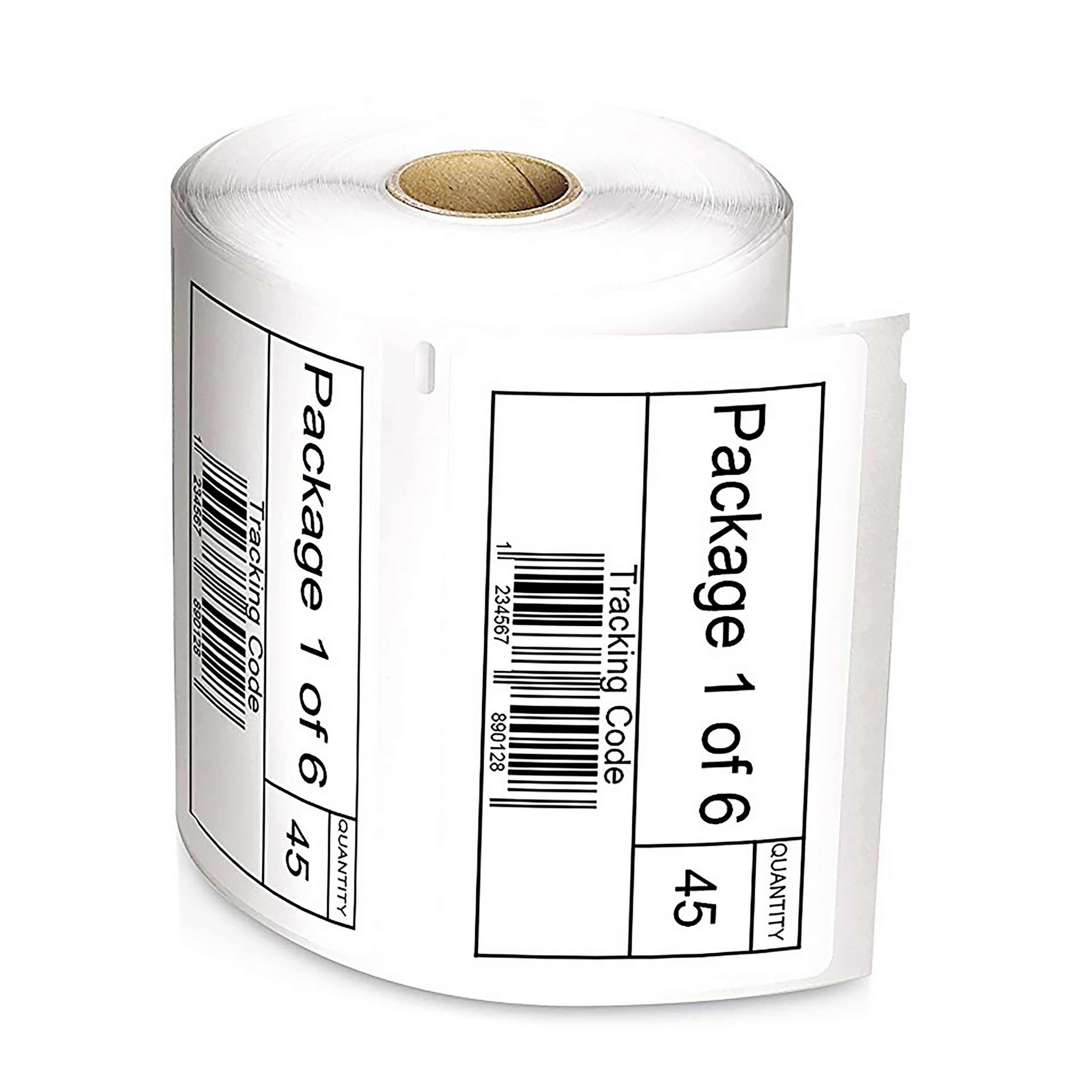 Rolka z etykietami wysyłkowymi z napisami 'Paczka 1 z 6' i 'Kod śledzenia'. Odpowiednia do zarządzania przesyłkami.