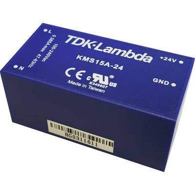 Niebieski transformator napięcia firmy TDK-Lambda, model KMS15A-24, z certyfikatami CE i US, wyprodukowany na Tajwanie.