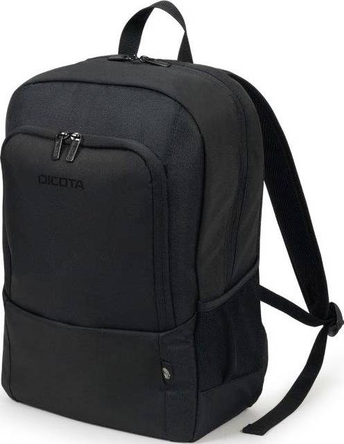 Czarny plecak z dwoma głównymi komorami, zamkami błyskawicznymi i uchwytem do noszenia u góry. Odpowiedni do codziennego użytku.