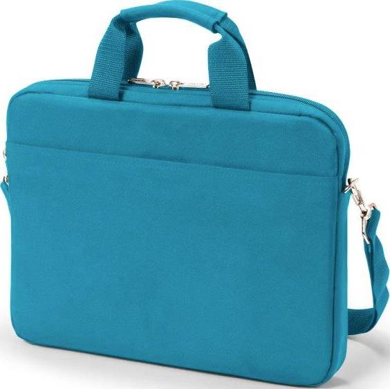 Niebieska torba na laptopa z uchwytem i paskiem na ramię, zamek błyskawiczny u góry, prosty design.