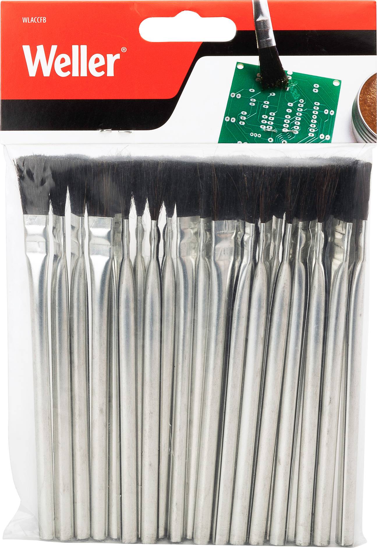 Zestaw pędzli metalowych 'Weller' z czarnymi włosiem w plastikowym woreczku, przeznaczony do czyszczenia elektroniki. W tle widoczne czyszczenie płytki drukowanej.