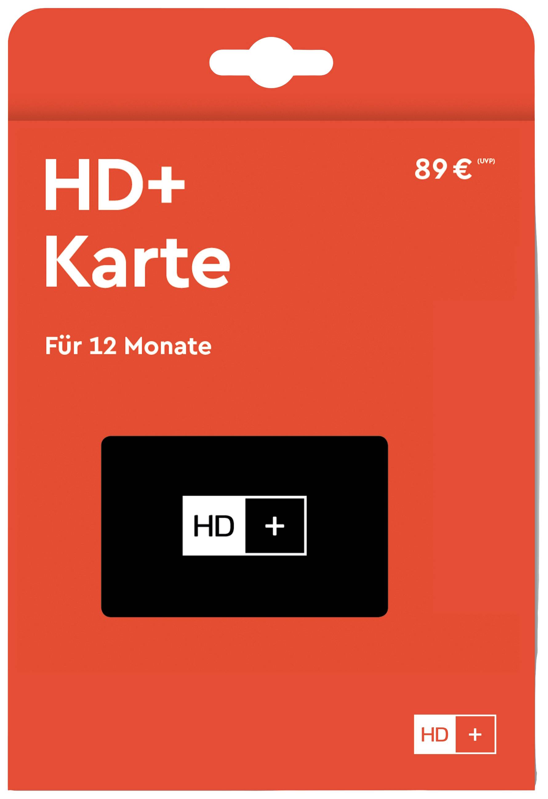 Karta HD+ na 12 miesięcy. Cena: 89 EUR. Czerwone opakowanie z czarnym logo HD+.