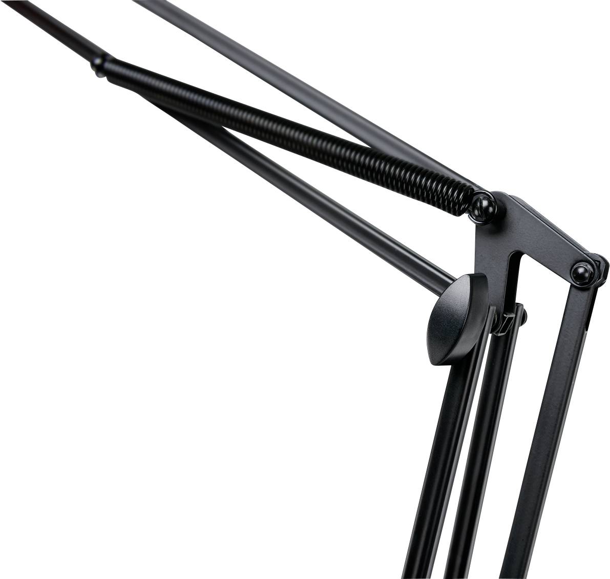Widać czarny wysięgnik lampy z przegubami i sprężyną, który zapewnia elastyczność i możliwość dostosowania.