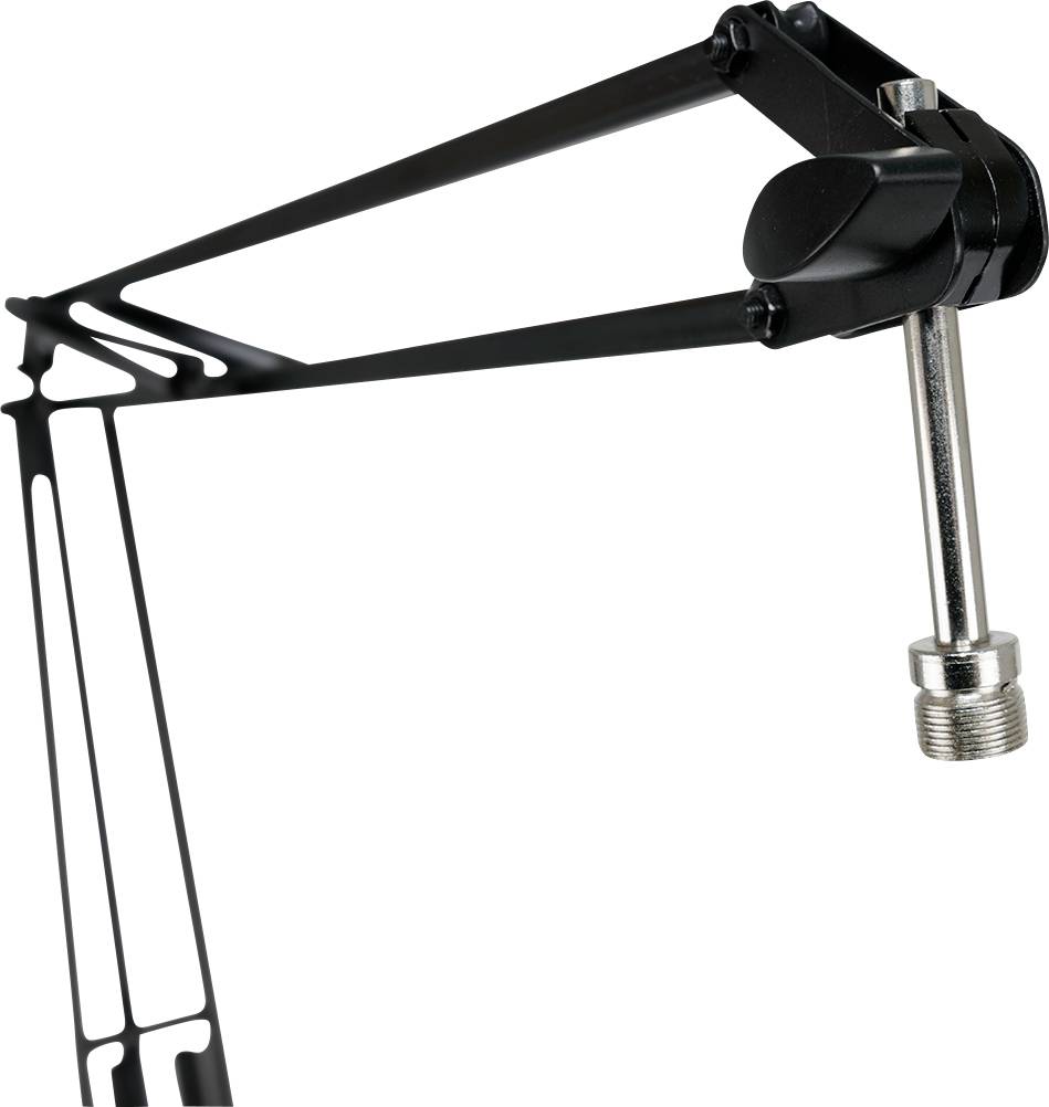 Ramię mikrofonowe z czarnego metalu z przegubami umożliwiającymi elastyczne pozycjonowanie. Odpowiednie do mocowania mikrofonów w studio.