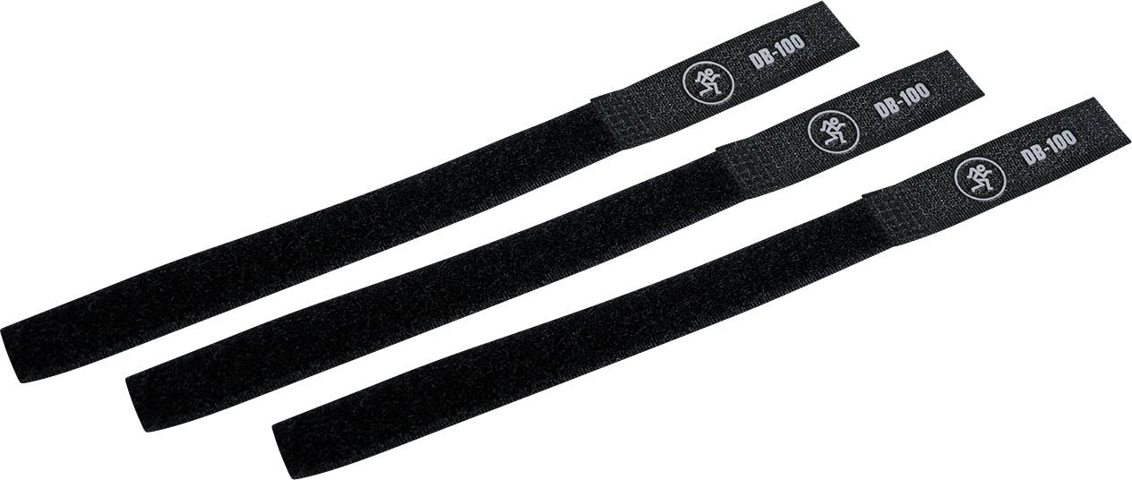 Trzy czarne opaski kablowe z rzepem z nadrukiem 'DB-100'. Idealne do organizacji i mocowania przewodów.
