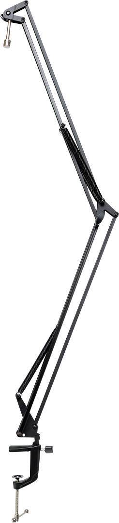 Metalowy regulowany wysięgnik mikrofonowy z czarną powierzchnią, możliwy do zamontowania na biurku, przeznaczony do elastycznego pozycjonowania mikrofonów.