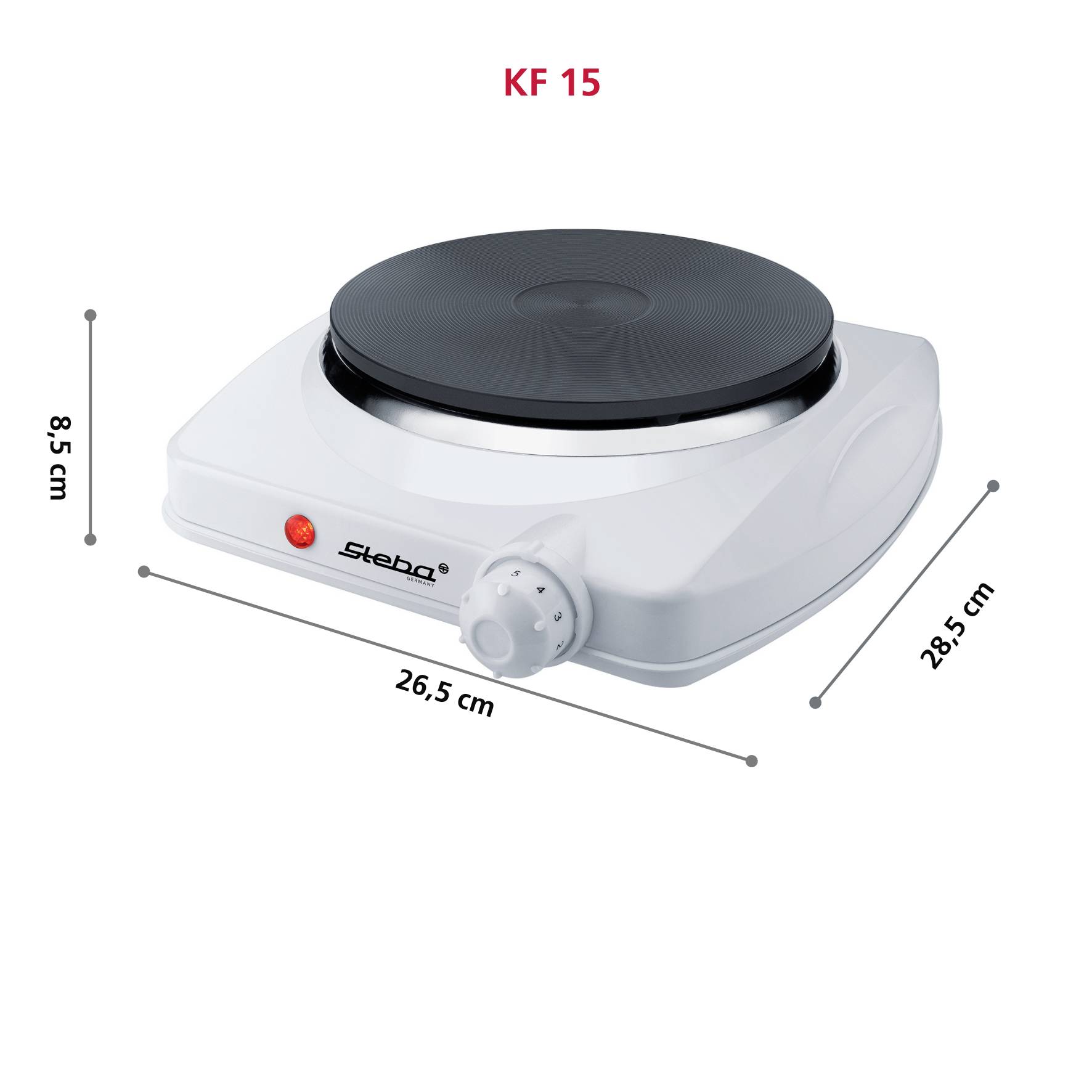 Biała elektryczna płyta grzejna z pokrętłem regulacyjnym. Wymiary: 26,5 cm szerokości, 28,5 cm głębokości, 8,5 cm wysokości. Nazwa producenta: Steba. Model: KF 15.