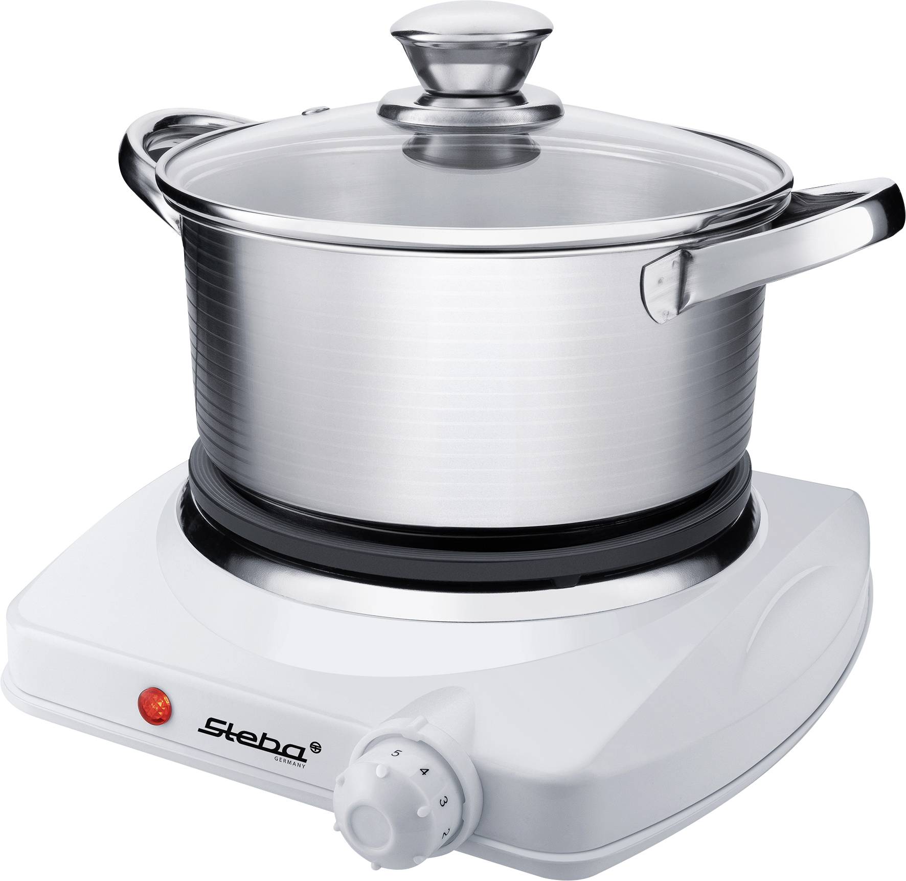 Stalowy garnek z pokrywką stoi na białej płycie elektrycznej z regulatorem temperatury z przodu.