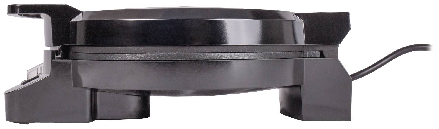 Czarny elektryczny grill kontaktowy widziany z boku, prezentujący opływowy design i przewód elektryczny po prawej stronie.