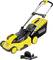 Żółto-czarny kosiarz marki Kärcher, model z koszem na trawę i szerokością koszenia 46 cm, odpowiedni do ogrodów średniej wielkości.