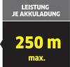 Maksymalny zasięg na jedno ładowanie: 250 m w żółtym kolorze na czarnym tle