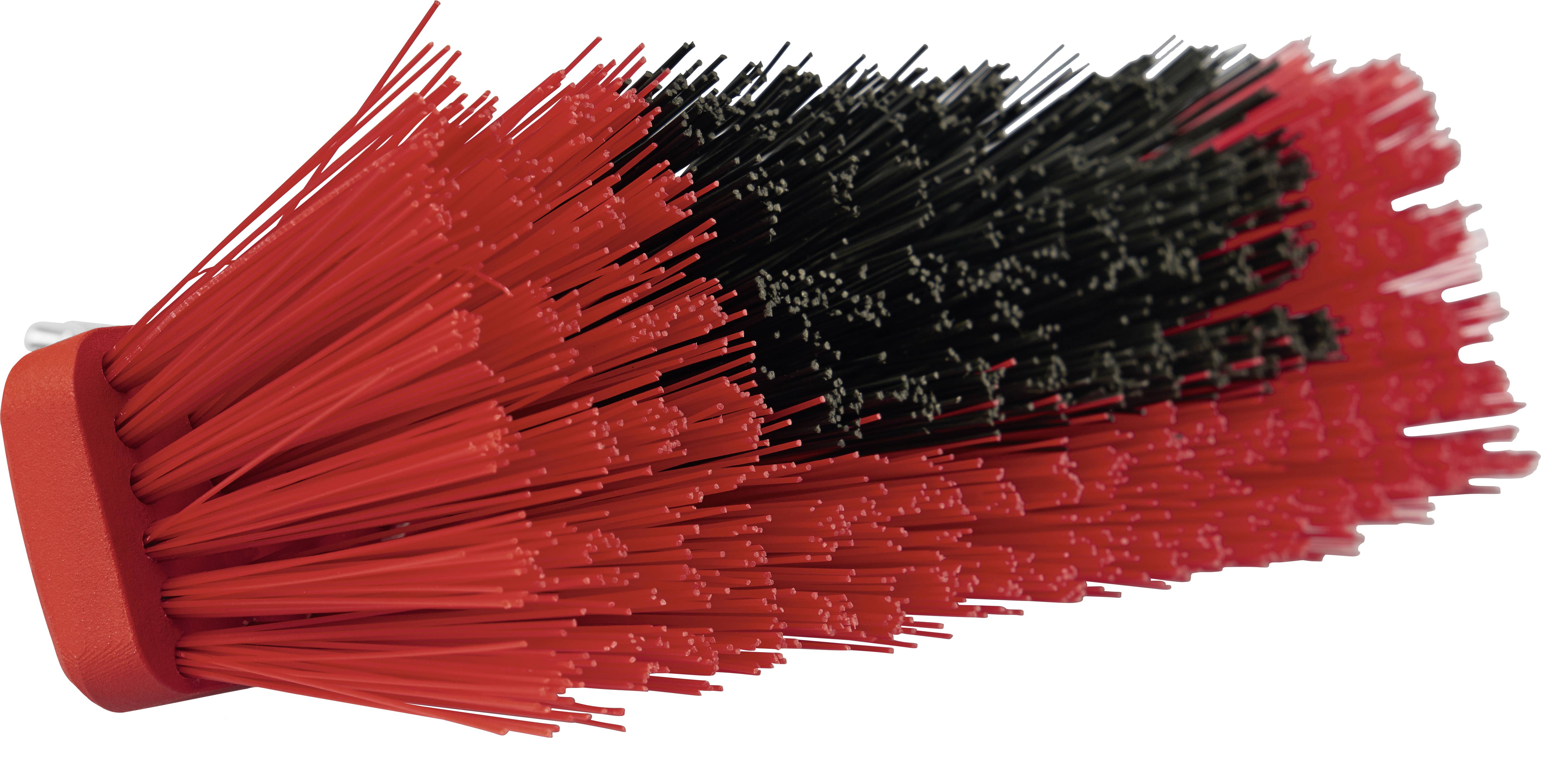 'Czerwona zmiotka z czarnymi włoskami na jednym końcu, odpowiednia do zamiatania brudu i kurzu z gładkich powierzchni.'