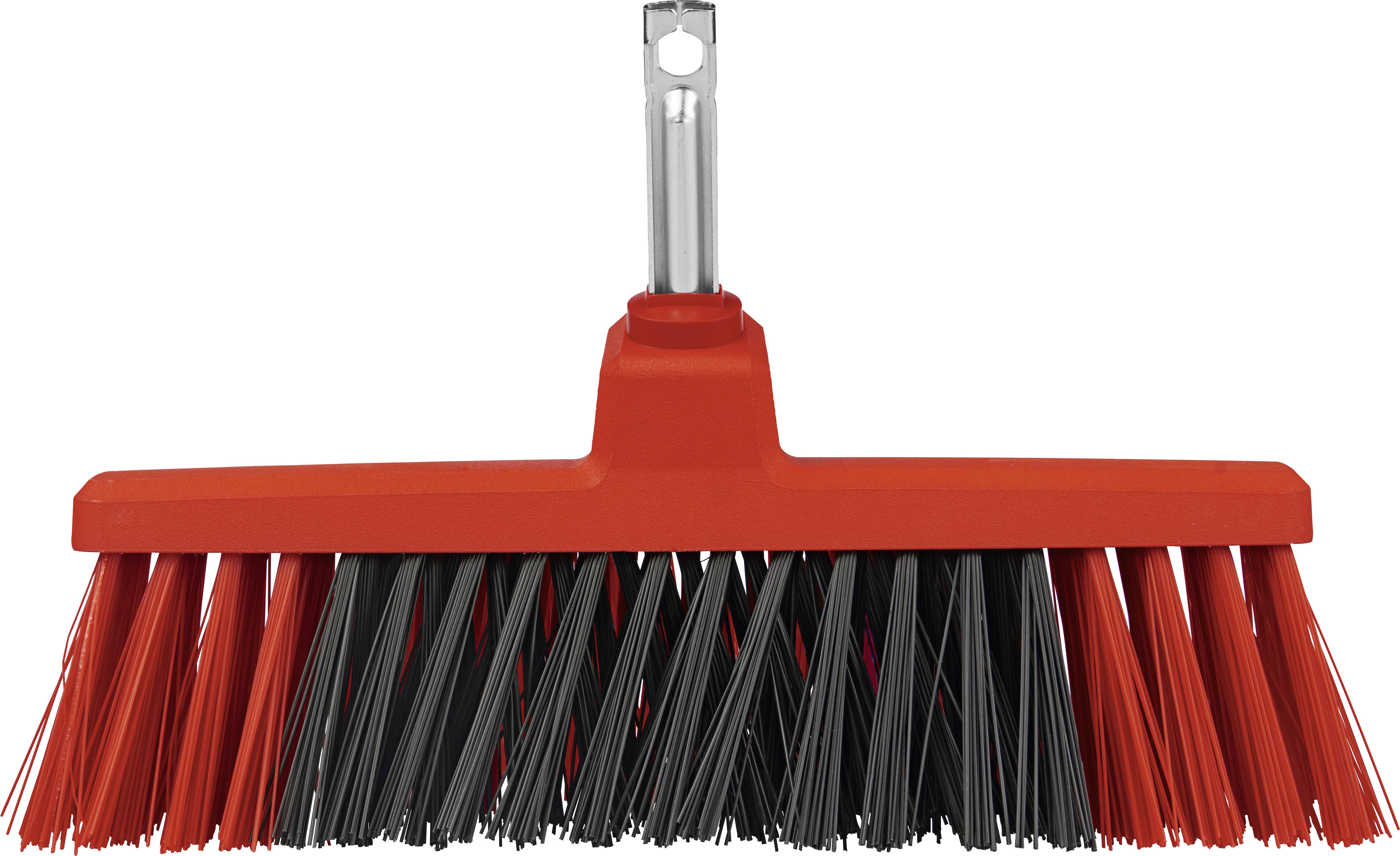 Czerwona miotła z czarnymi i czerwonymi włoskami. Miotła posiada metalowy uchwyt bez trzonka.