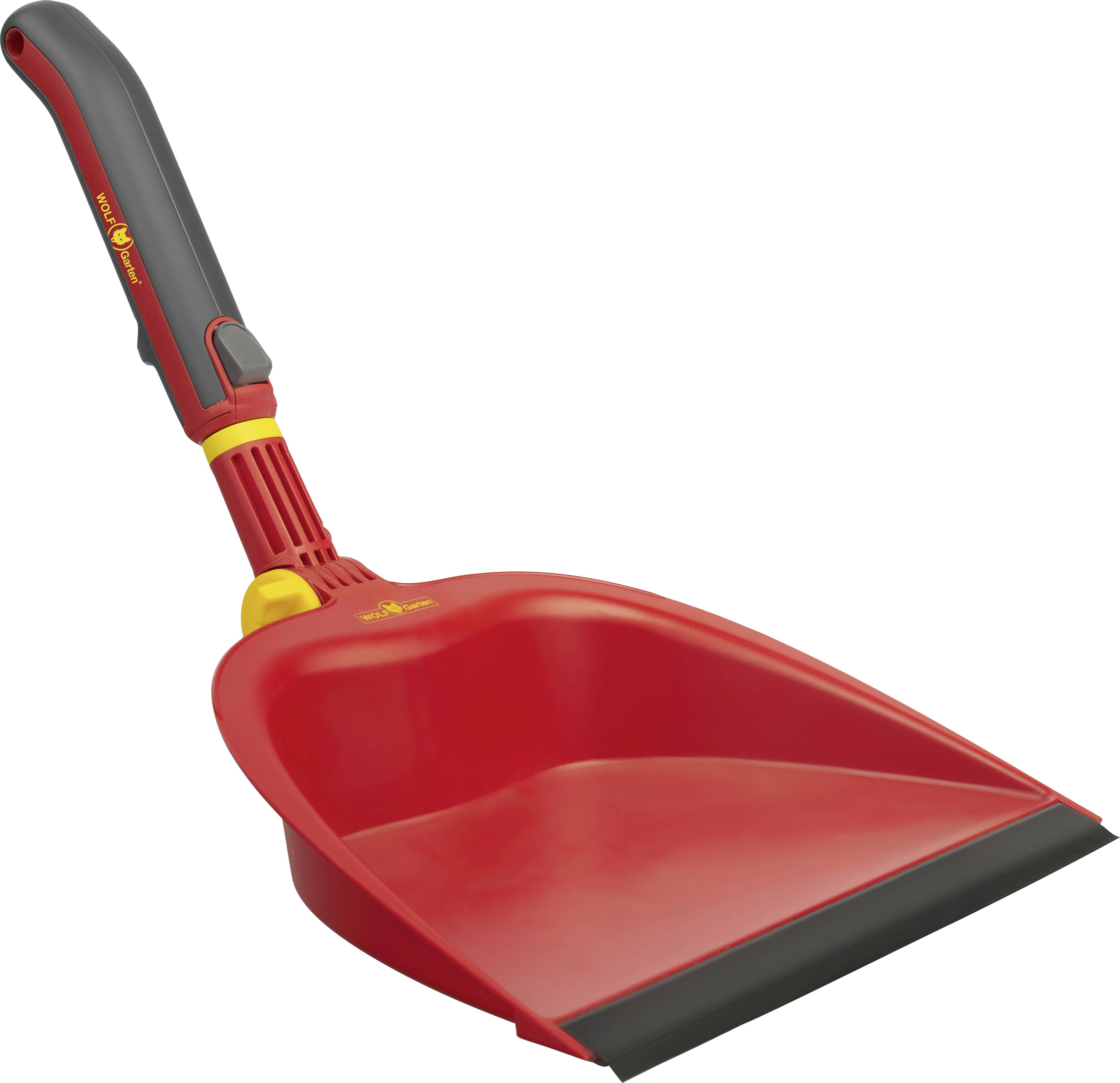 Czerwona zmiotka z czarną rączką i gumową krawędzią, odpowiednia do zbierania brudu i śmieci.