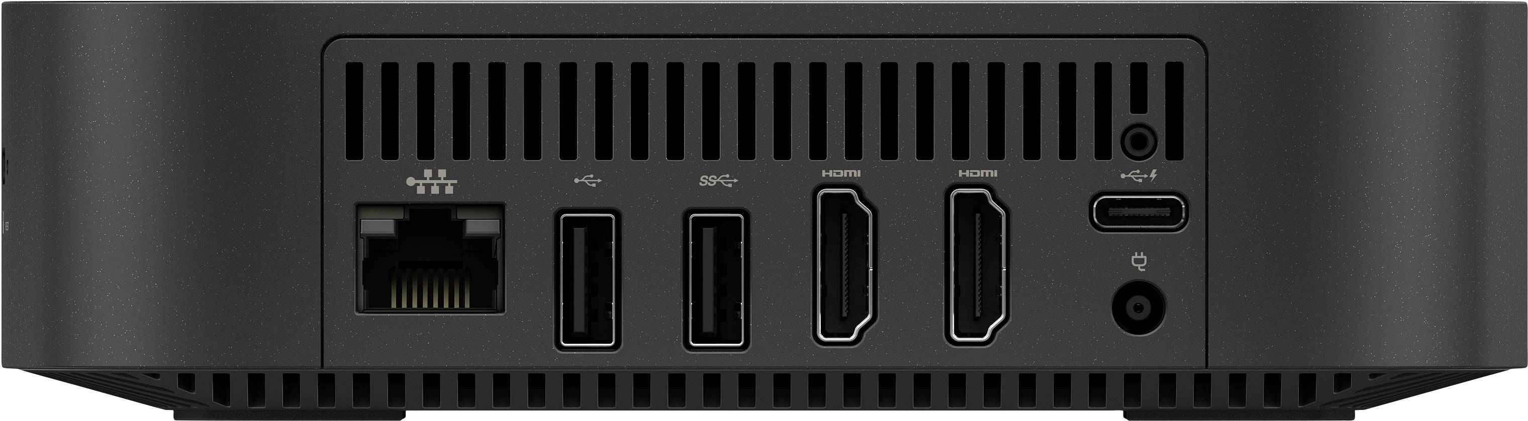Tylna strona czarnego mini komputera z portami: LAN, dwa porty USB, dwa wyjścia HDMI, gniazdo słuchawkowe oraz port USB-C.