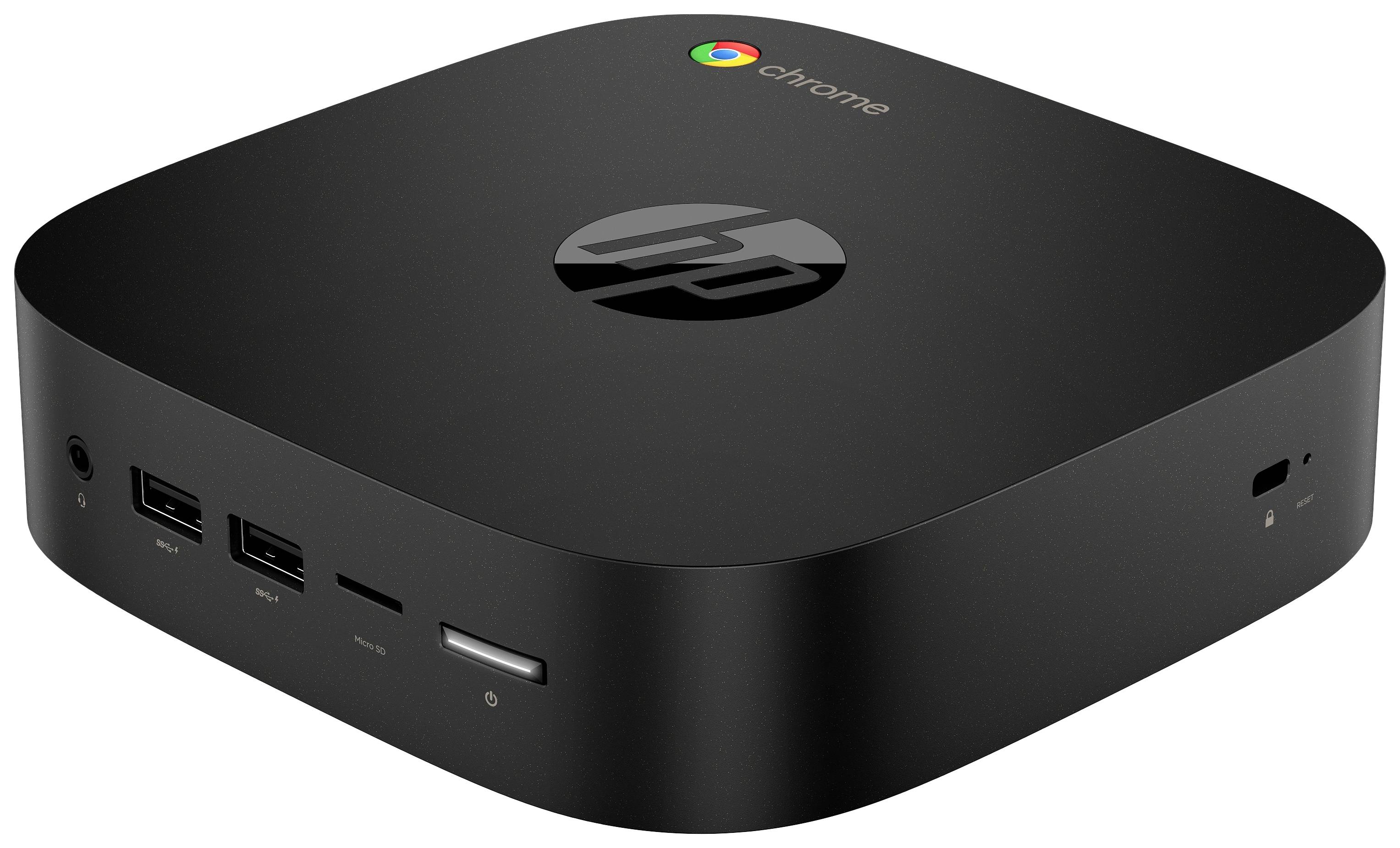 Czarny komputer HP Chromebox z wieloma portami USB i logo Chrome na górze, przeznaczony do szybkiego korzystania z internetu i pracy w chmurze.