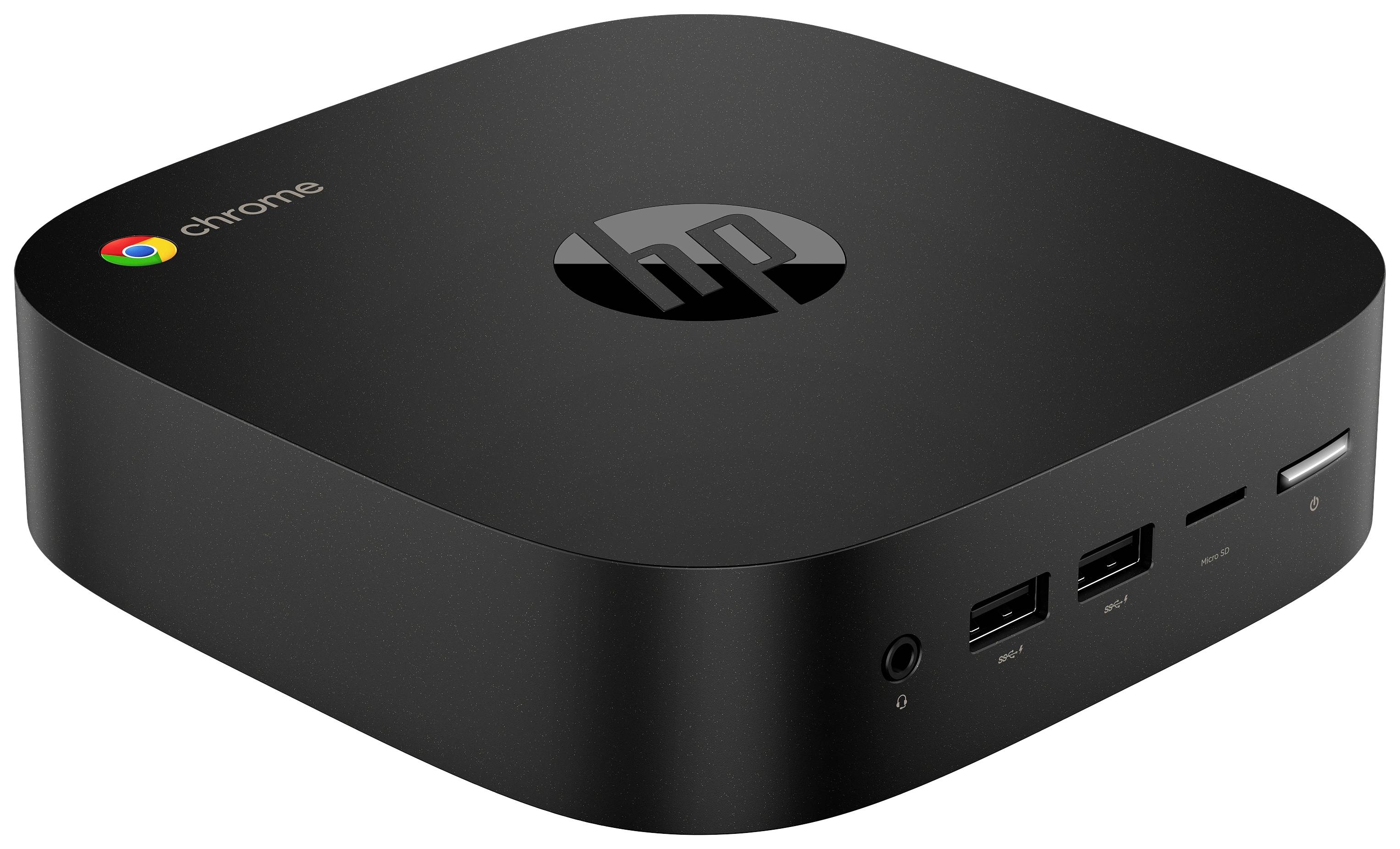 Czarny komputer HP Chromebox z dwoma portami USB, złączem audio i slotem na kartę pamięci z przodu.