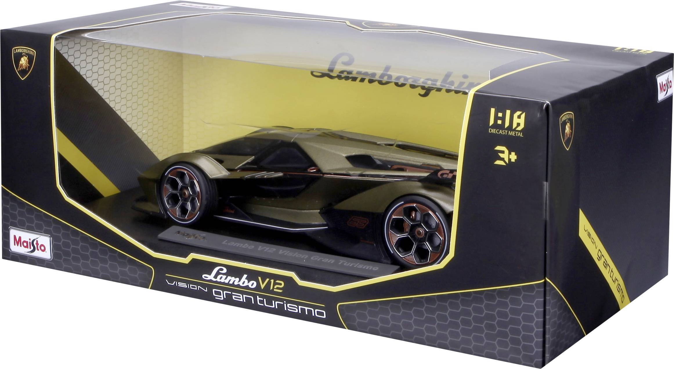Zabawkowy samochód Lamborghini V12 Vision Gran Turismo w czarno-złotym opakowaniu. Model w skali 1:18 dla kolekcjonerów od lat 3.