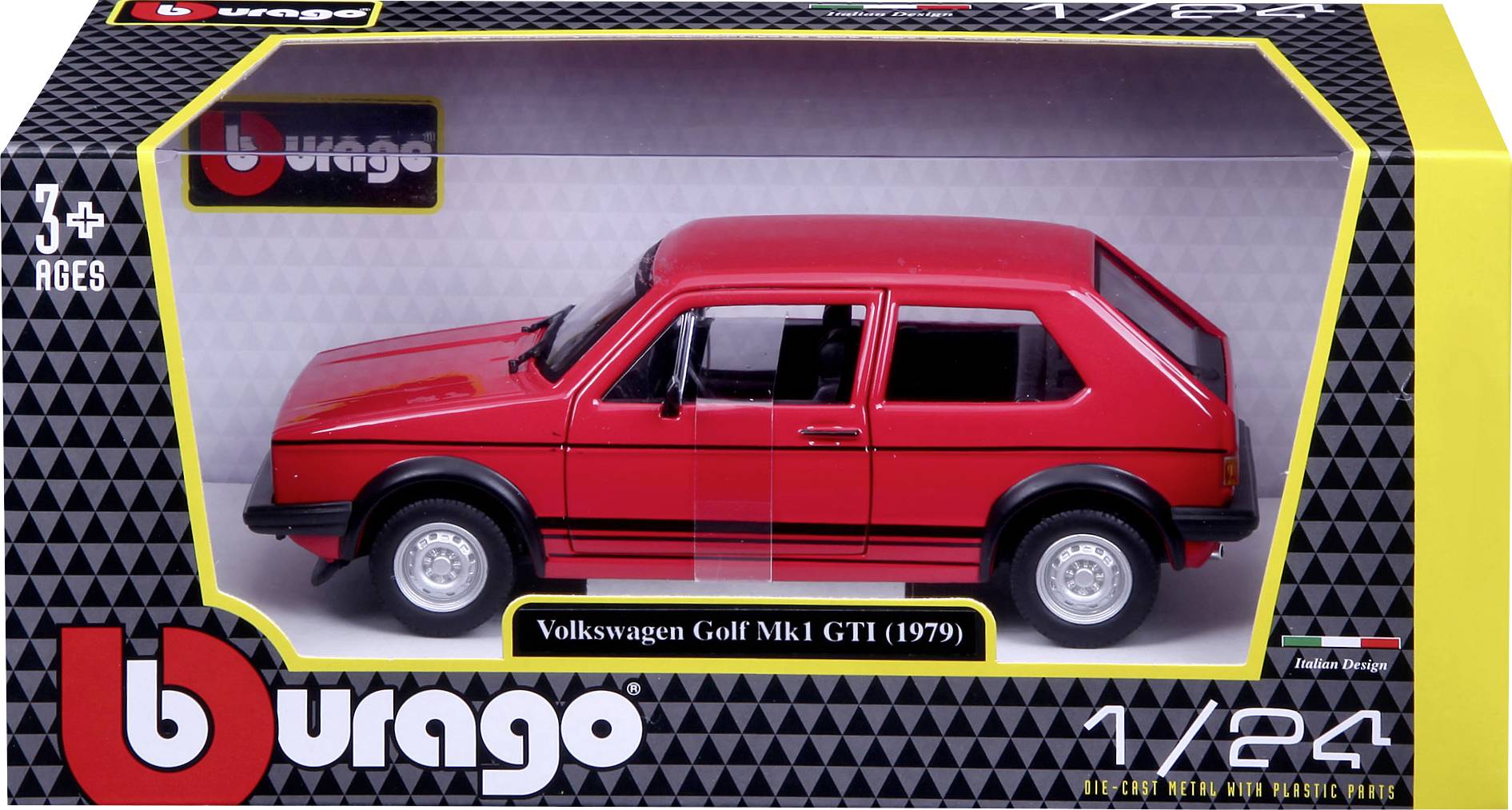 Model zabawkowy czerwonego Volkswagena Golfa Mk1 GTI (1979) w skali 1:24 w opakowaniu Burago, zalecany dla dzieci powyżej 3 lat.