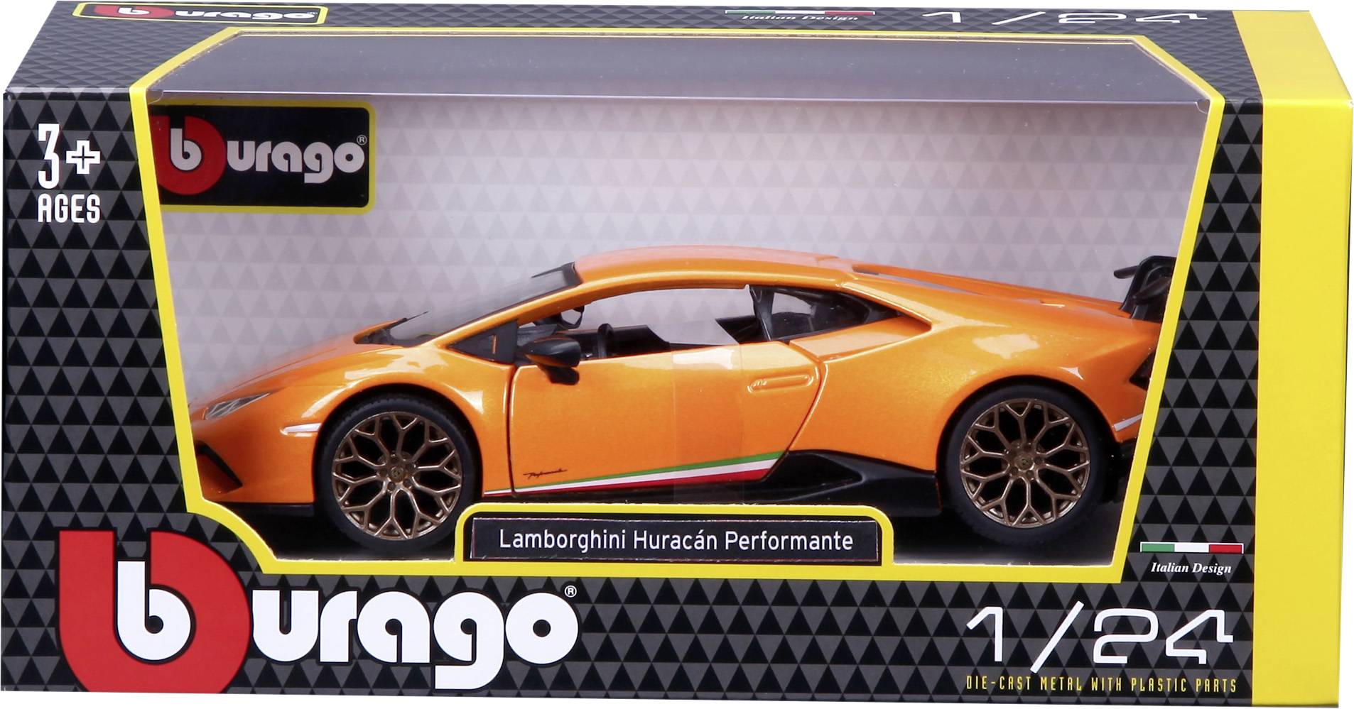 Zabawkowy model samochodu 'Lamborghini Huracán Performante' w pudełku, żółto-pomarańczowy, zalecany wiek 3+, skala 1:24.