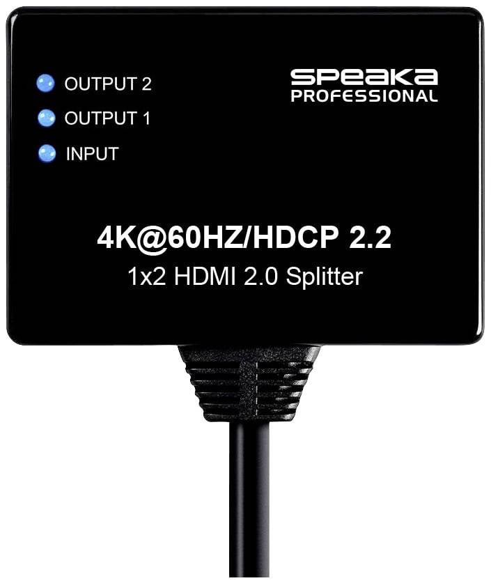 Rozdzielacz HDMI 2.0 Speaka Professional 1x2 posiada jeden port wejściowy i dwa wyjściowe, obsługuje rozdzielczość 4K@60Hz oraz standard HDCP 2.2.