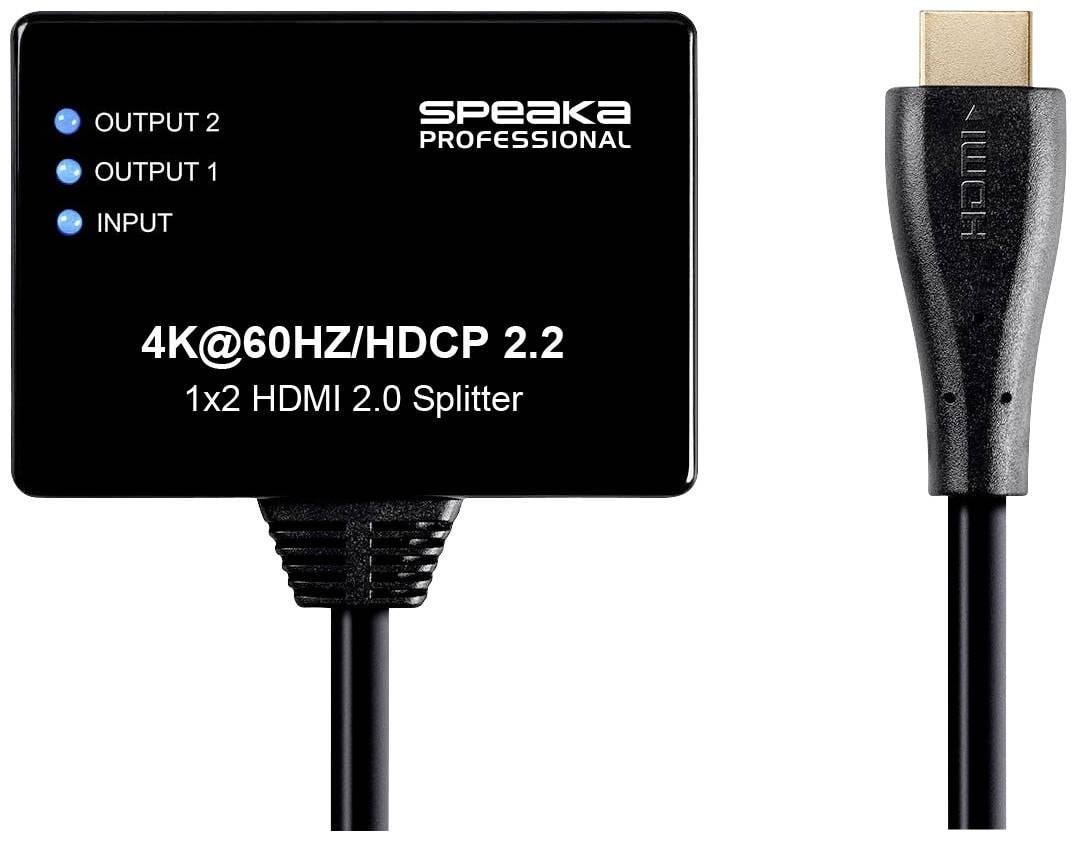 Rozgałęźnik HDMI 2.0 1x2, pokazujący jeden port wejściowy i dwa wyjściowe, obsługujący 4K@60Hz/HDCP 2.2, odpowiedni do zastosowań profesjonalnych.