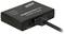 Czarny rozdzielacz HDMI z napisem '4K@60Hz/HDCP 2.2', posiadający dwa wyjścia i jedno wejście. Widoczne złącze zasilania 5V DC.