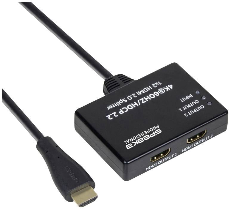 'Rozgałęziacz HDMI z dwoma wyjściami i jednym wejściem. Oznaczony jako '4Kx60Hz/HDCP1.4'. Do łączenia wielu urządzeń HDMI.'