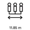 Obraz przedstawia trzy stylizowane, połączone postacie z podwójną strzałką poniżej i oznaczeniem wymiaru '11,85 m'.