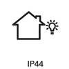 Prosty symbol domu z żarówką obok, pod spodem tekst 'IP44', wskazujący na ochronę przed rozbryzgami wody.