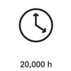 Biała ikona zegara na czarnym tle, pod nią napis '20.000 h'.