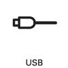 Symbol przewodu USB na czarnym tle; Symbol możliwości połączenia lub podłączenia urządzeń elektronicznych.
