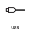 Symbol przewodu USB na czarnym tle; Symbol możliwości połączenia lub podłączenia urządzeń elektronicznych.