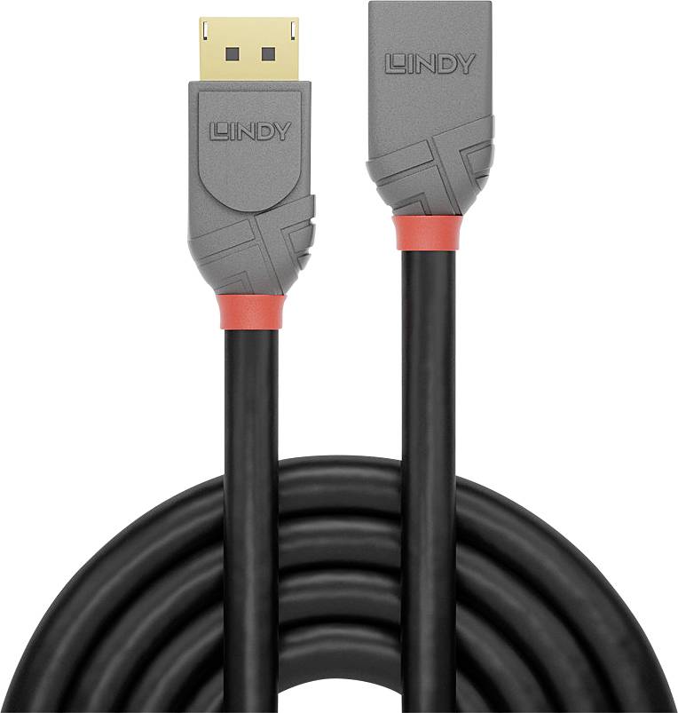 Czarny kabel DisplayPort z szarymi wtyczkami i czerwonymi akcentami, przeznaczony do przesyłania obrazu w wysokiej rozdzielczości.