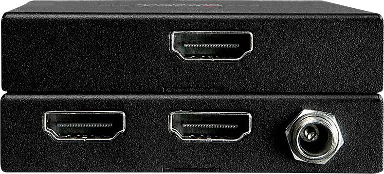 Czarny rozdzielacz HDMI z trzema złączami HDMI i jednym złączem koncentrycznym, używany do dystrybucji sygnałów audio i wideo.