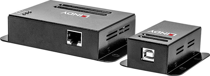 Dwa czarne urządzenia elektroniczne marki Lindy, każde z wieloma złączami na przedniej ściance.