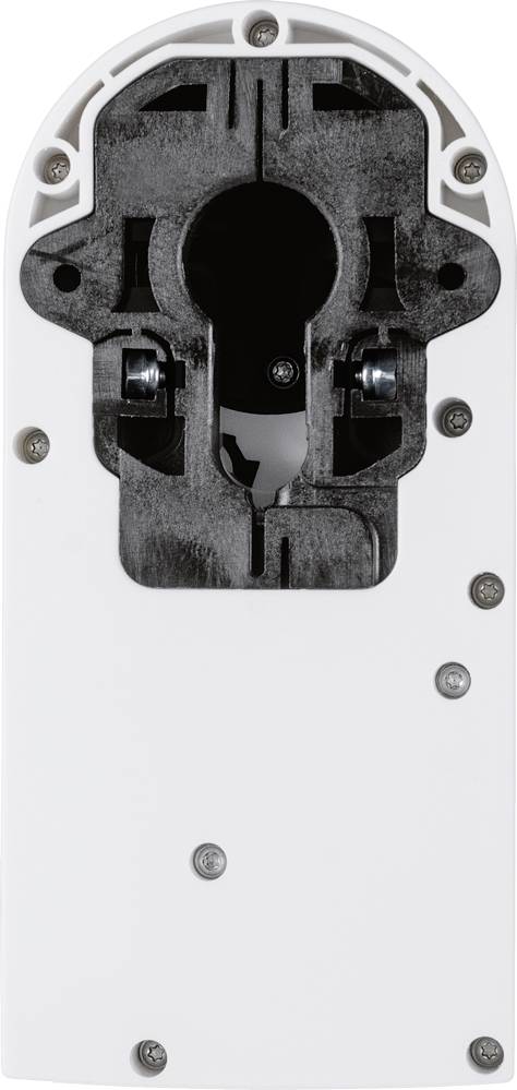 Tylna strona białej elektrycznej stacji ładującej szczoteczkę do zębów z czarnym uchwytem. Widoczne są śruby.