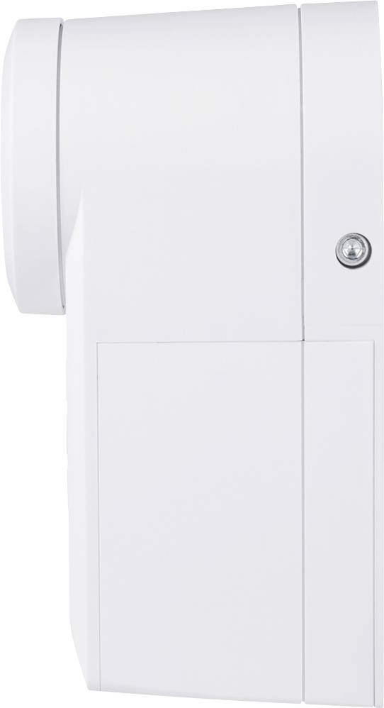 Widok z boku białego urządzenia elektronicznego o gładkiej powierzchni z jedną śrubą po prawej stronie.