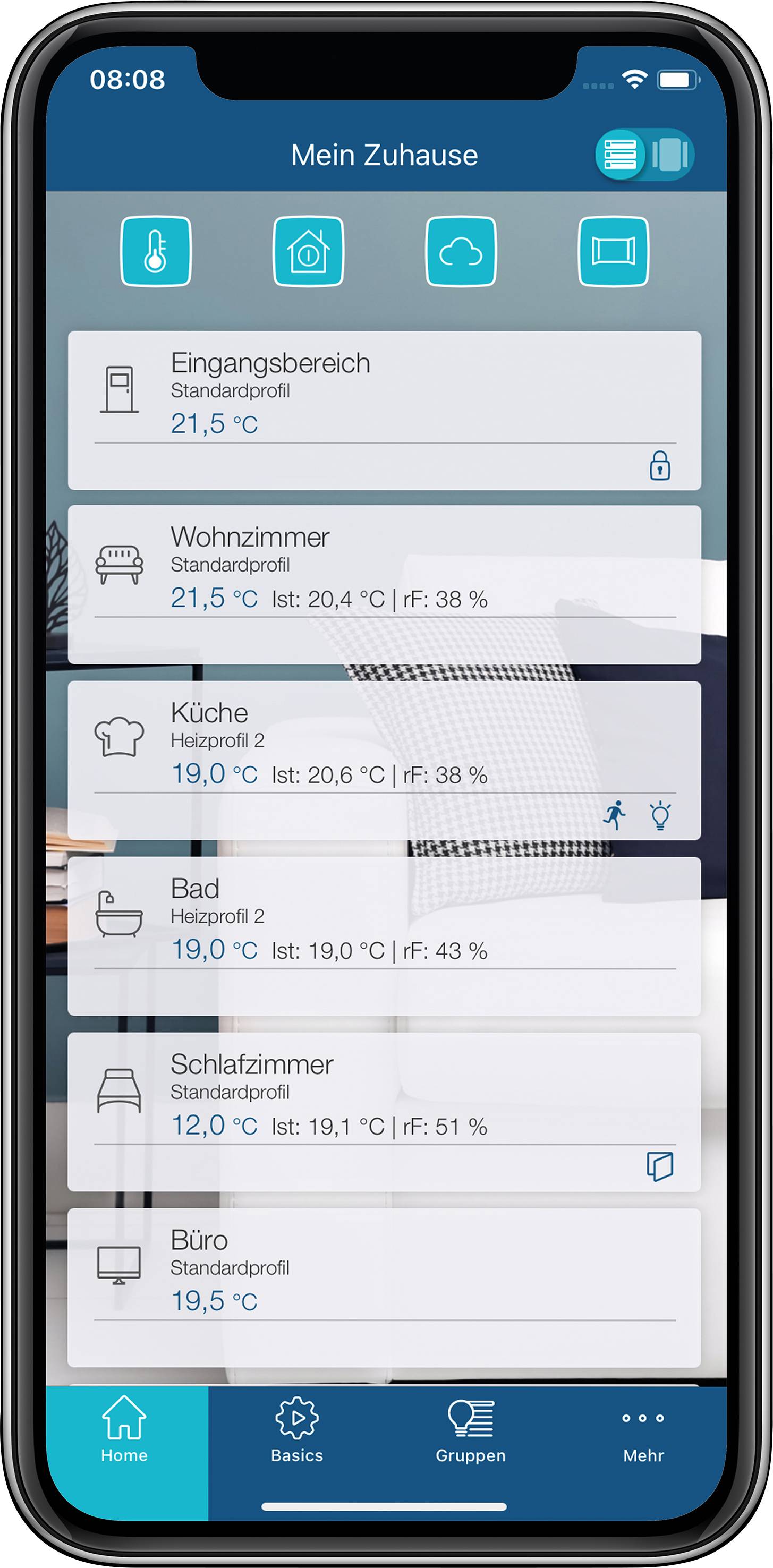 Zrzut ekranu aplikacji smart home na smartfonie wyświetlający temperatury w różnych pomieszczeniach oraz poziomy wilgotności powietrza.