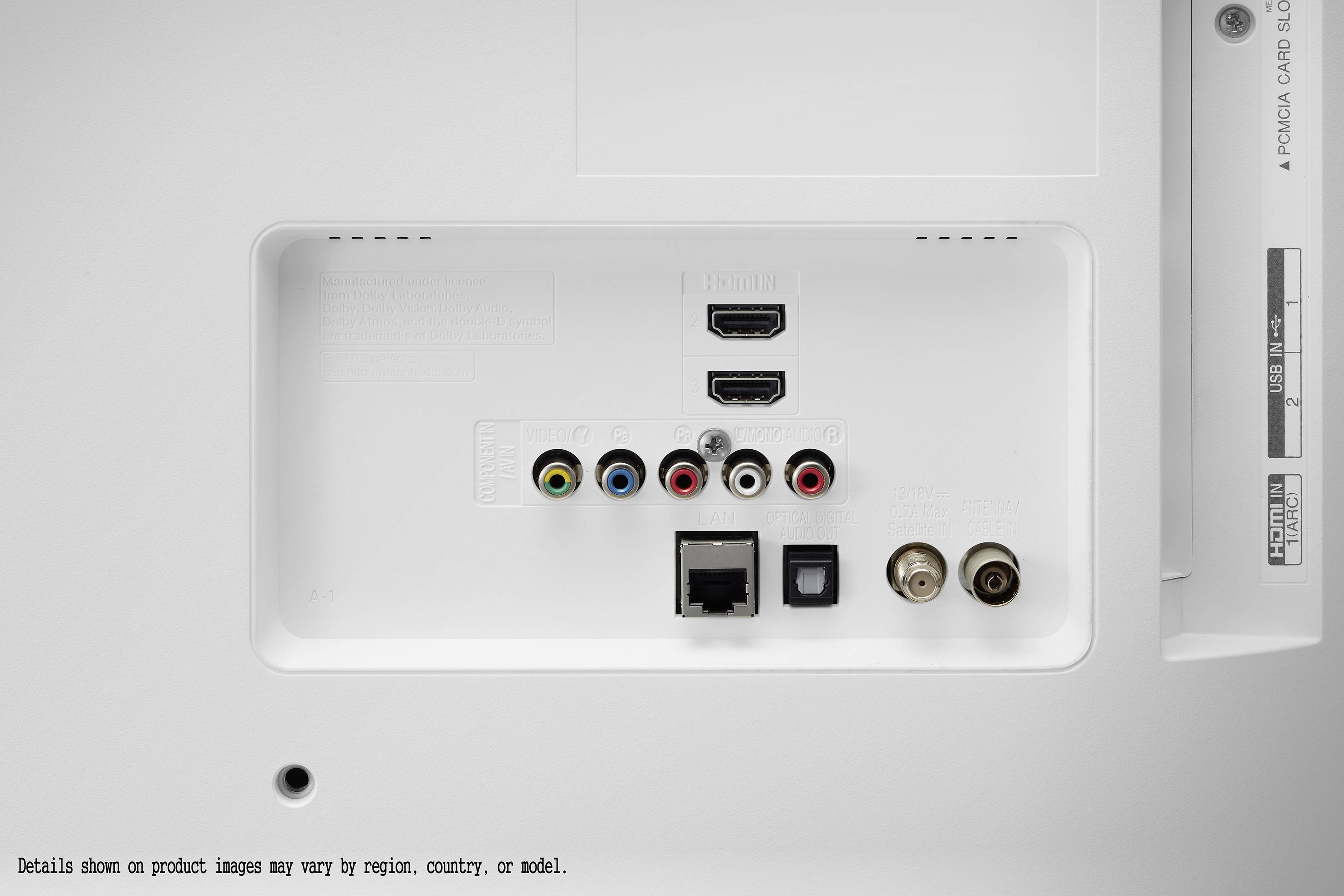 Tylna strona urządzenia elektronicznego z różnymi portami przyłączeniowymi: HDMI, Ethernet, wideo, audio oraz złącza antenowe.