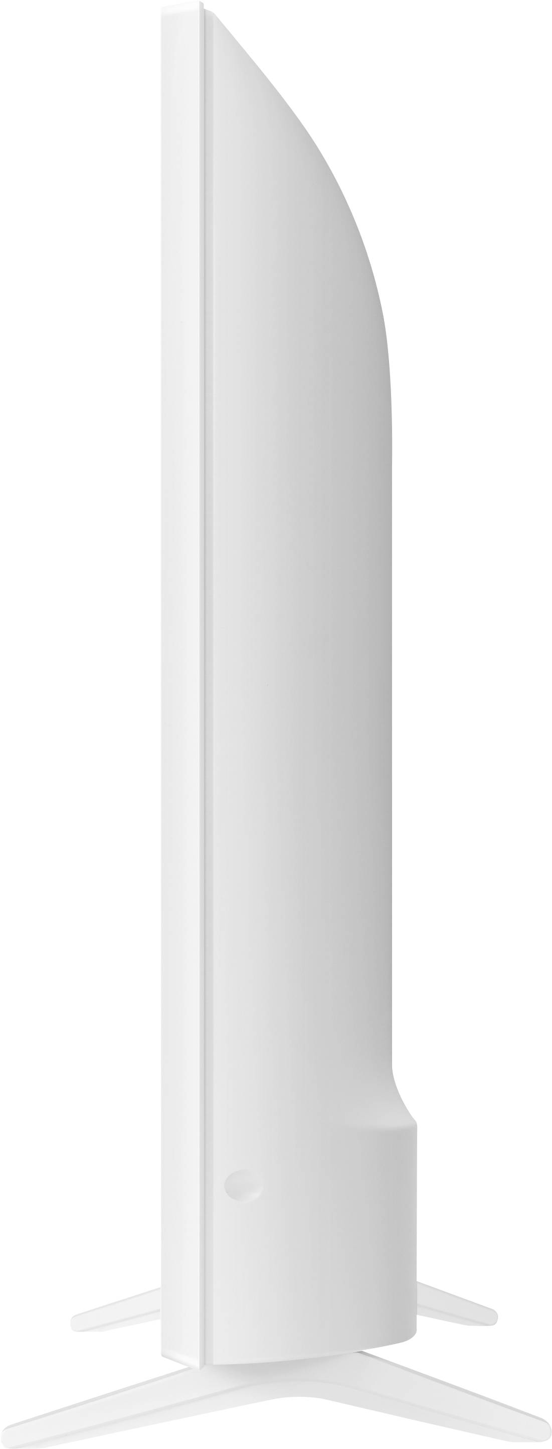 Biały, smukły telewizor widziany z boku, stojący na podstawce.