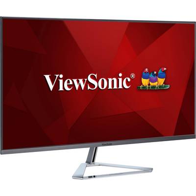 Monitor z czerwonym tłem ekranu wyświetla logo ViewSonic oraz obraz trzech kolorowych ptaków.