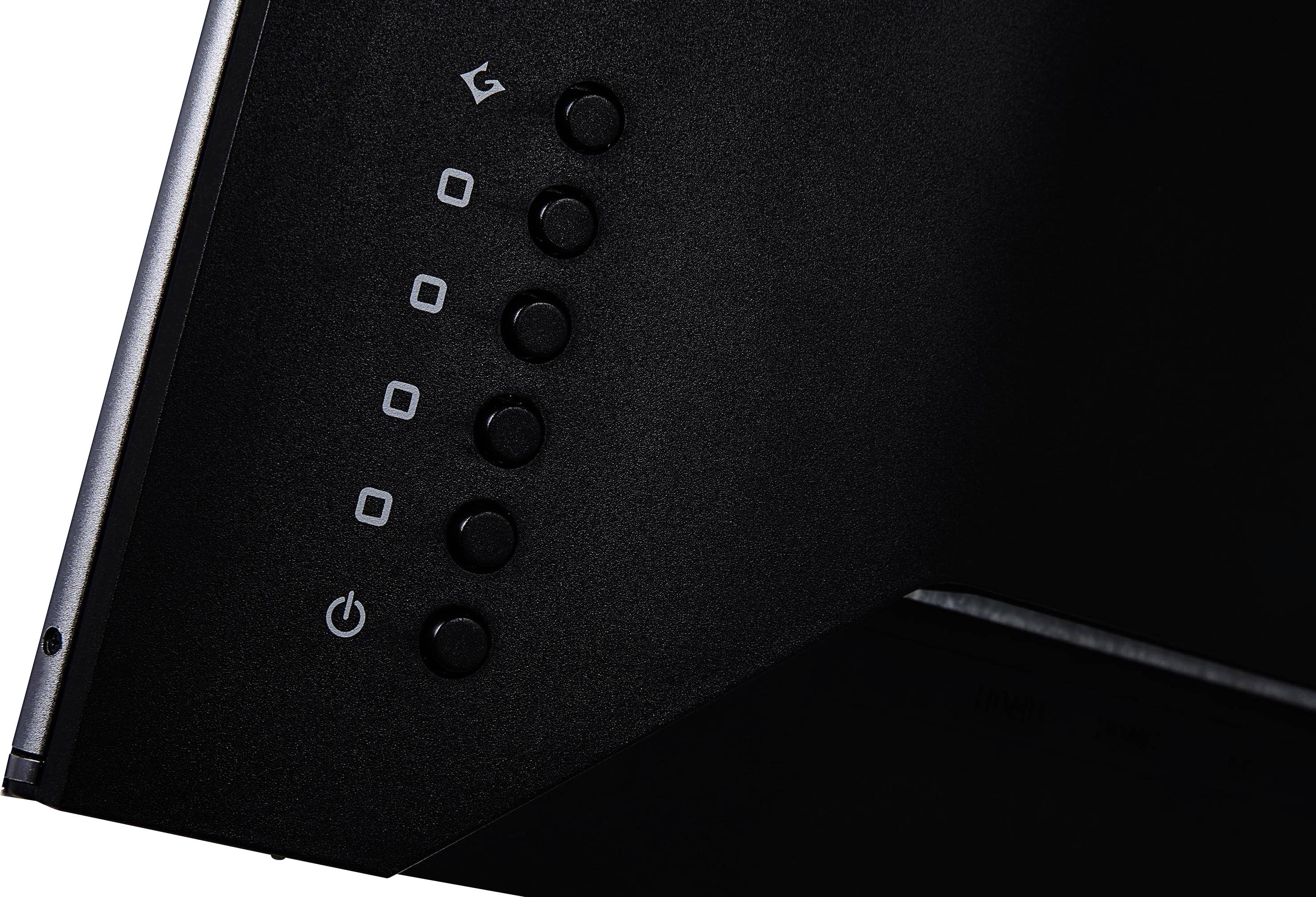 Zbliżenie czarnego okapu kuchennego z sześcioma okrągłymi przyciskami do obsługi i sterowania.