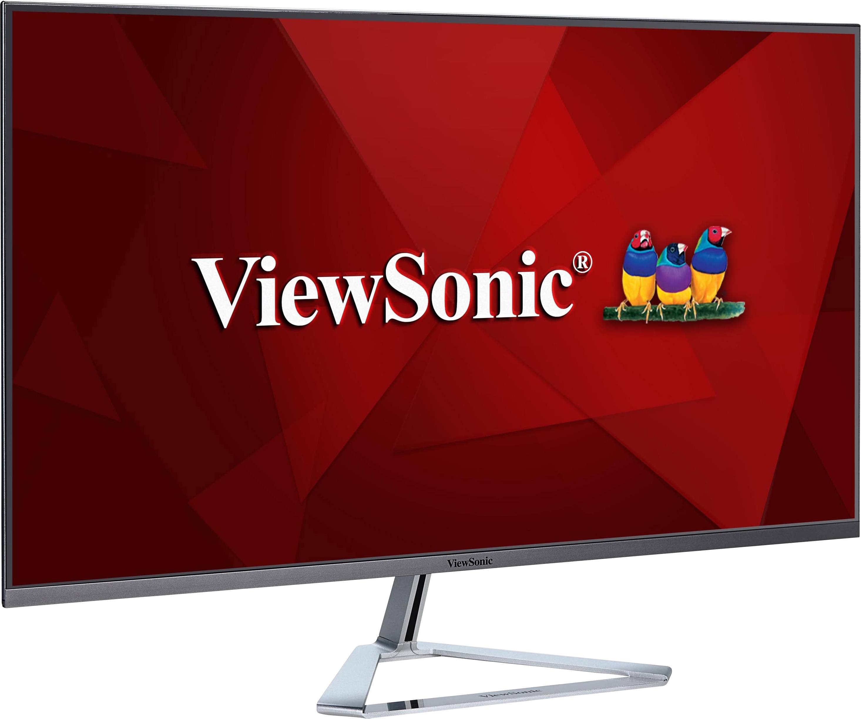Monitor z logo i napisem 'ViewSonic' na czerwonym tle.