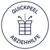 Okrągły symbol z tekstem 'QUICKPEEL POMOC W ZDEJMOWANIU' oraz grafiką przedstawiającą proste usuwanie etykiet za pomocą strzałek.